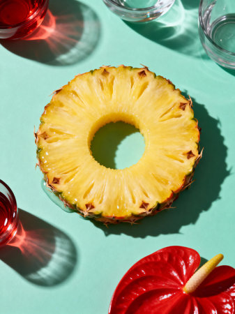 Pineapple slices and glasses with red wine on turquoise backgroundの素材