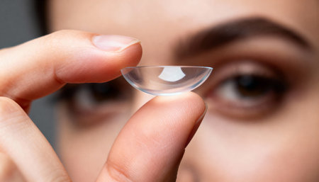 Close-up of a young woman holding contact lens in her handの素材
