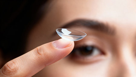 Close-up of woman holding contact lens. Focus on contact lensの素材