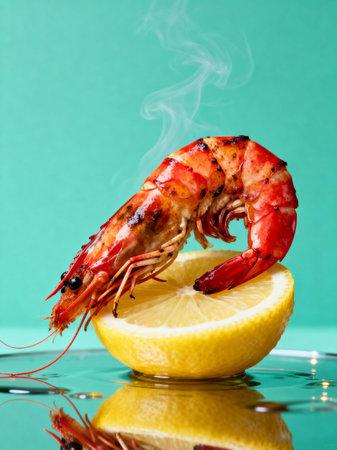 Boiled tiger prawn with lemon on turquoise backgroundの素材