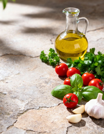Tomatoes, garlic, olive oil and parsley on stone backgroundの素材