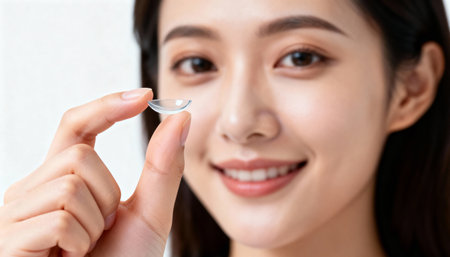 close up of smiling young asian woman holding contact lens at homeの素材