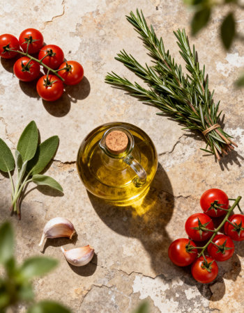 olive oil, garlic, rosemary and tomatoes on stone backgroundの素材