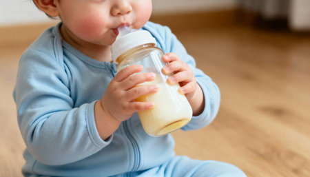Baby drinking milk from a bottle. Selective focus. Kid.の素材