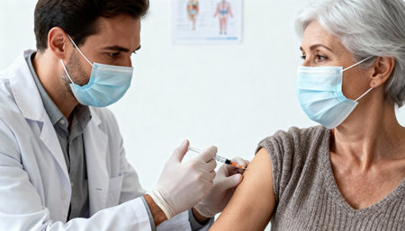 doctor with syringe vaccinating senior woman at hospital or medical clinicの素材