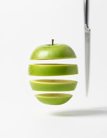 Cutting green apple with knife on white background. Concept of healthy eatingの素材