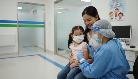 Doctor and little girl with surgical mask at the hospital. Healthcare and medical concept.の素材