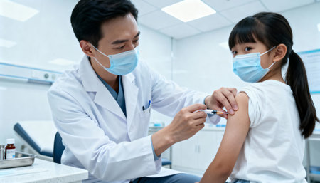 asian doctor in mask and gloves giving vaccine to little girl patientの素材