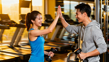 Sporty asian man and woman exercising with dumbbells in gymの素材