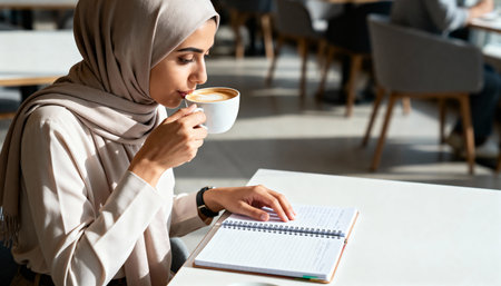 muslim woman with cup of coffee and notebook on table in cafeの素材
