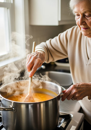 Elderly woman cooking soup in the kitchen. Selective focus.の素材