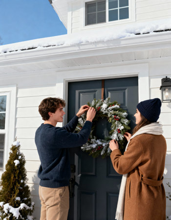 Young Couple Decorating Christmas Wreath On Front Door Of New Homeの素材