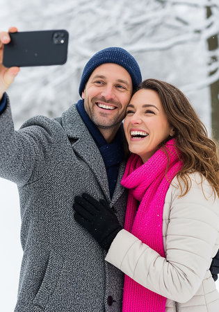 love, people, technology and friendship concept - happy couple taking selfie with smartphone in winter parkの素材