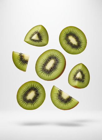 Flying kiwi fruit isolated on white background. 3d illustrationの素材