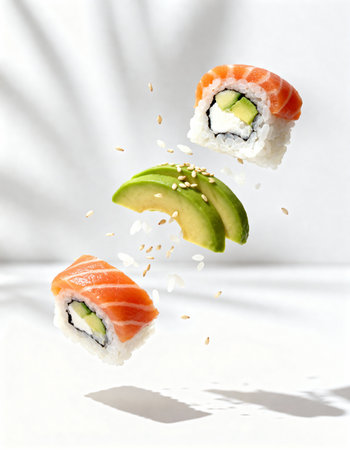 Sushi roll with salmon, avocado and sesame on white backgroundの素材