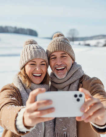 happy couple in winter clothes taking selfie on smartphone and smiling at cameraの素材