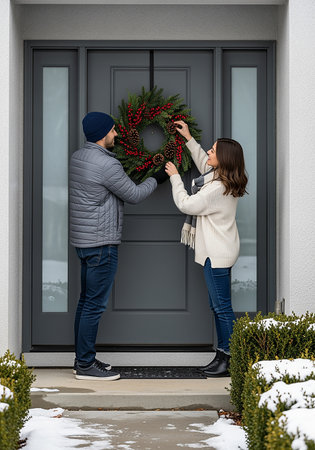 Couple decorating front door of their house with Christmas wreathの素材