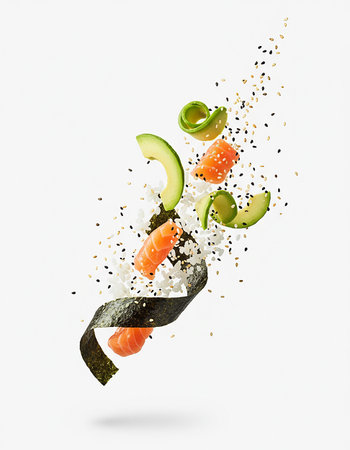 Sushi roll with salmon, avocado and sesame seeds on white backgroundの素材