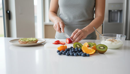 Closeup of pregnant woman preparing healthy breakfast in the kitchen at homeの素材