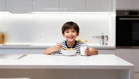 Portrait of a cute little boy eating cereals in the kitchenの素材
