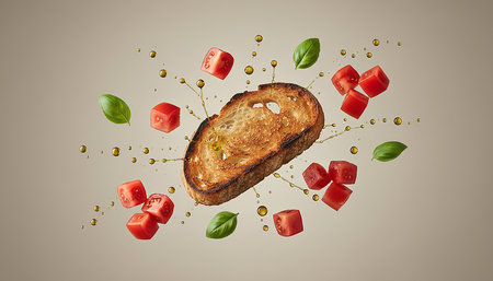 Composite image of toast with tomato slices and olive oil splashesの素材