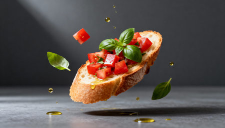Delicious bruschetta with fresh tomatoes, basil and olive oil on gray backgroundの素材