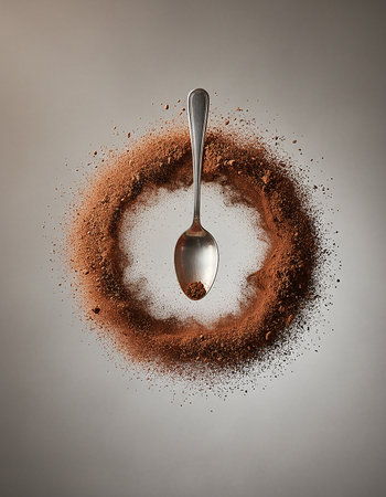 Spoon with cocoa powder on a gray background. Copy space.の素材