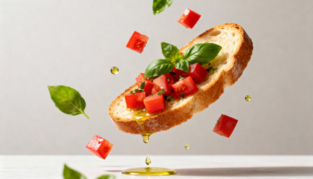 Flying tomato and basil on toasted baguette with olive oilの素材