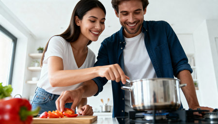 happy young couple cooking together in kitchen at home and looking at each otherの素材