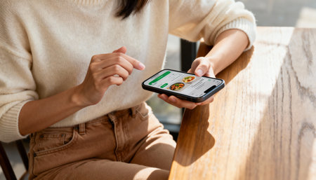 Cropped image of woman using smartphone while sitting at table in cafeの素材