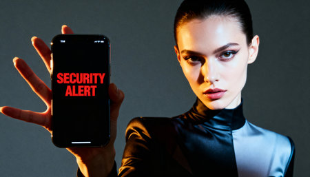 sexy businesswoman showing smartphone with security alert on screen isolated on grayの素材