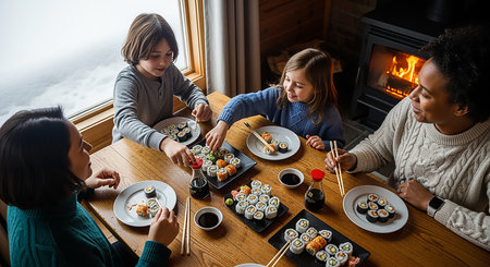 Young multiethnic family eating sushi in front of fireplace at homeの素材