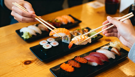Hands holding chopsticks with sushi on wooden table in restaurant.の素材