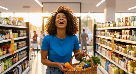 Young african american woman holding basket with food while shopping in supermarketの素材