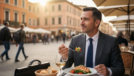 Businessman having lunch at a restaurant in Rome, Italy, Europeの素材