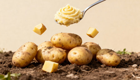 Freshly dug potatoes on the ground with a spoon of mashed potatoesの素材