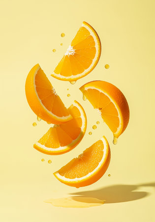 Flying orange fruit with water drops on yellow background. 3d illustrationの素材