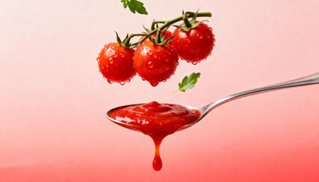 tomato sauce on a spoon with drops of water on a red backgroundの素材