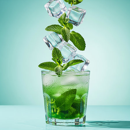 Mojito cocktail with ice cubes and mint leaves on blue backgroundの素材