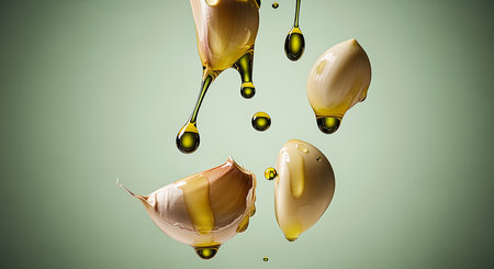 Garlic oil drops isolated on green background. 3d rendering.の素材