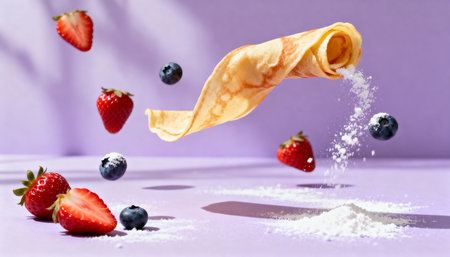 Pancakes with fresh berries and flour falling on violet background.の素材