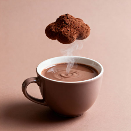 Cup of hot chocolate with marshmallow on a brown background.の素材