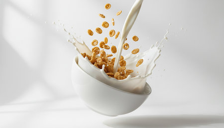 Milk pouring into a bowl with cornflakes on white backgroundの素材