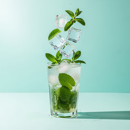 Mojito cocktail with ice cubes and mint leaves on turquoise backgroundの素材
