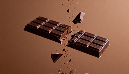 Broken chocolate bar falling on brown background. Chocolate pieces falling on brown backgroundの素材
