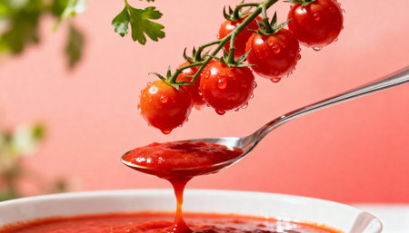 tomato sauce on a spoon with fresh tomatoes on a red backgroundの素材
