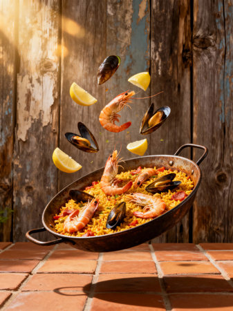Seafood paella in a pan on wooden background. Traditional Spanish dish.の素材