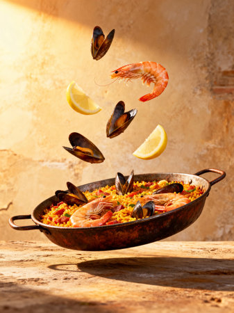 Spanish paella with seafood in a frying pan on the table.の素材