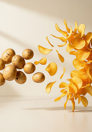 Potato chips flying on white background. 3d render illustration.の素材