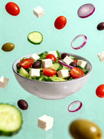 Fresh vegetable salad with feta cheese and olives on blue backgroundの素材